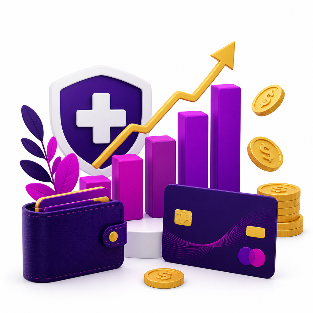 Ilustração de crescimento financeiro com gráfico ascendente, moedas e cartão MUBE